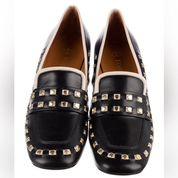 Tory Burch Perfect Black/Dulce De Leche Leather Studded Loafer Heel Size 5 $350 - Picture 4 of 14